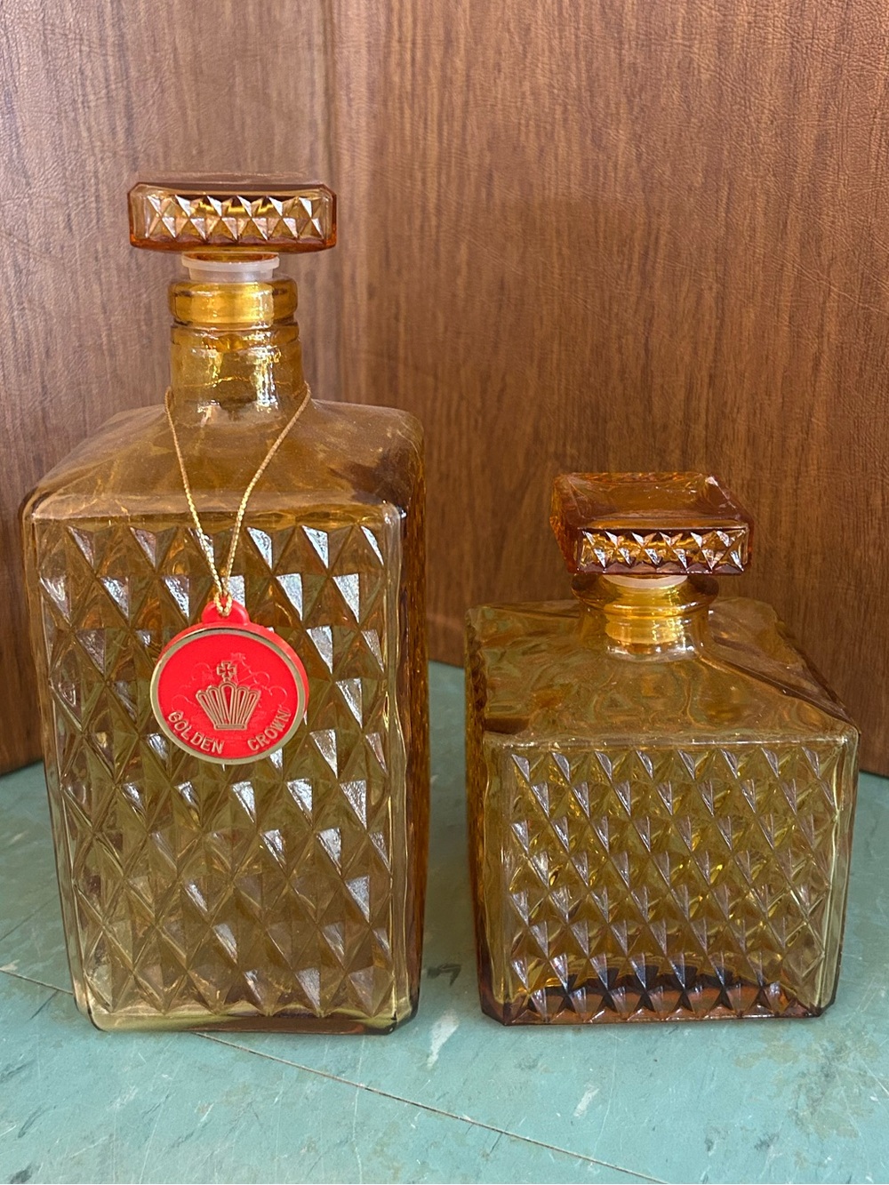 Vintage Amber Glass Diamond-Pattern Decanter Set 2 Japan